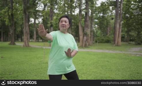 Asian over weight senior female practicing Chinese martial arts exercise tai chi chuan at the park, old age healthy life after retired, deep slow pace movement, deep breath relax calm meditation