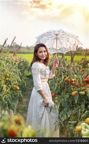 Asian pretty woman with white umbrella in tomatoes garden. woman with white umbrella