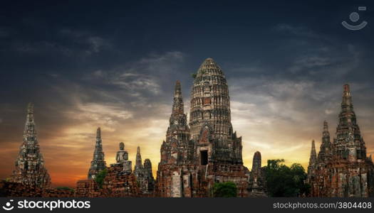 Asian religious architecture. Amazing panorama view of ancient Chai Watthanaram temple ruins under sunset sky. Ayutthaya, Thailand travel landscape and destinations
