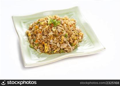 asian rice dish with vegetables on white background