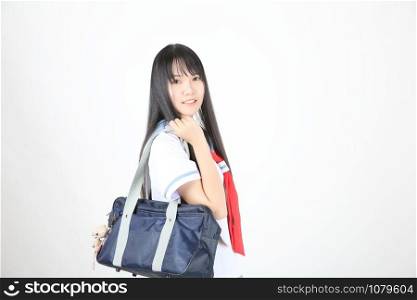 asian school girl isolated in white background