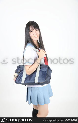 asian school girl isolated in white background