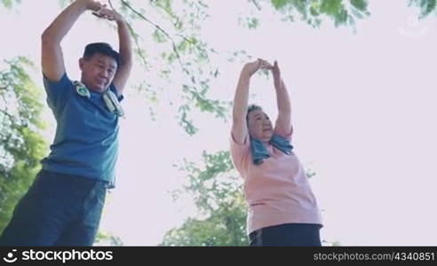 Asian senior couple doing overhead arms stretching warm up exercise inside the park, senior health care, outdoor activities, vitality wellness fitness, nutrition calories human metabolism system