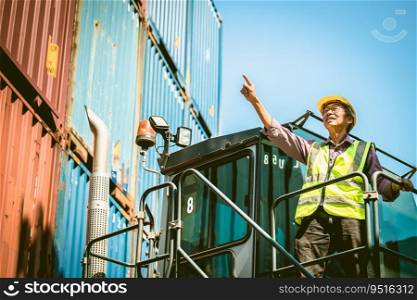 Asian senior elder worker working control load lifting cargo in transport shipping industry