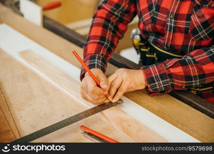 Asian senior woman carpenter taking measurement of a wooden plank and make in workshop, female holding ruler and pencil while making marks on wood at woodshop, Happy carpenter day