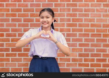Asian Student Hand Love Heart Sign Gesture Portrait Happy Smiling.