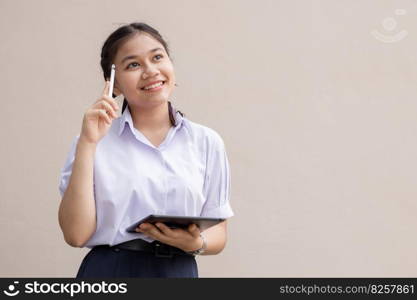 Asian student happy smile thinking for new idea and creative posture.