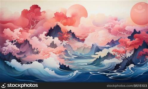 Asian style artwork of trees growing on mountains and sea dynamic waves, generative ai