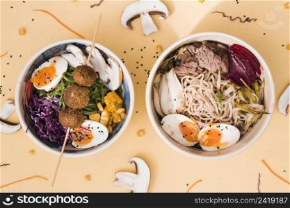 asian style food bowls colored background