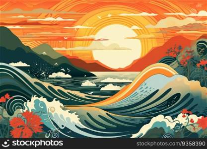Asian style image with sea big waves with mountains during sunset, generative ai