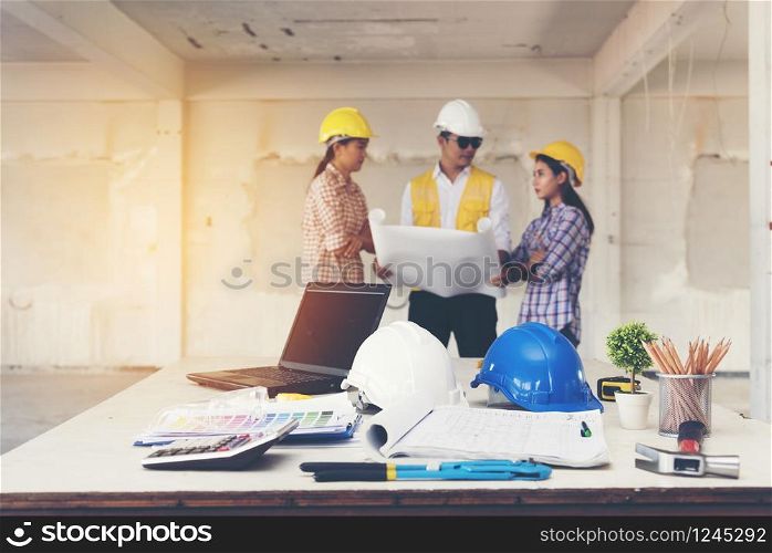 Asian team engineer working in construction site. construction concept