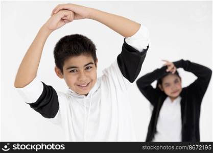 Asian teen teenager boy and girl dancing class. Kids enjoy dance with happy smile funny isolated on white background.