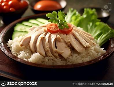 Asian traditional hainanese meal with chicken and rice on wooden table.AI Generative