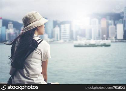 Asian traveler women in Hong Kong bay, Hong Kong
