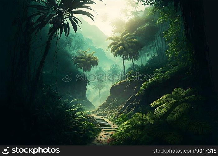 Asian tropical jungle rainforest in daytime. Neural network AI generated art. Asian tropical jungle rainforest in daytime. Neural network generated art