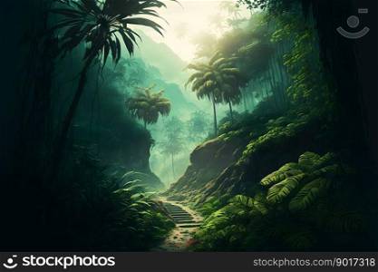 Asian tropical jungle rainforest in daytime. Neural network AI generated art. Asian tropical jungle rainforest in daytime. Neural network generated art