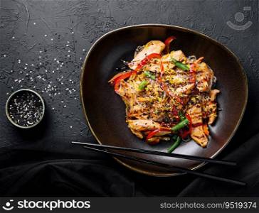 Asian udon noodles with chicken vegetables and teriyaki sauce
