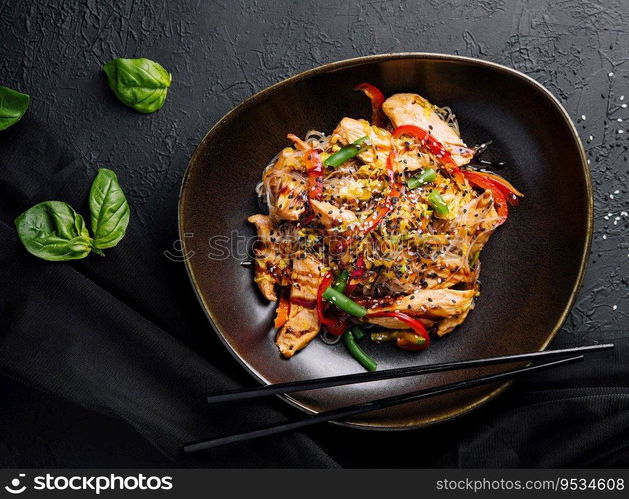 Asian udon noodles with chicken vegetables and teriyaki sauce