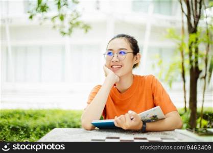 Asian university teen girl smiling sitting outdoor reading book