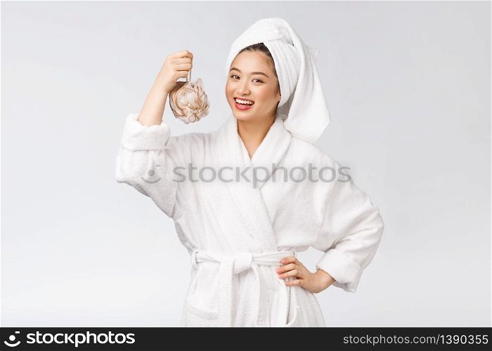 Asian woman being happy with the shower. Studio concept.. Asian woman being happy with the shower. Studio concept