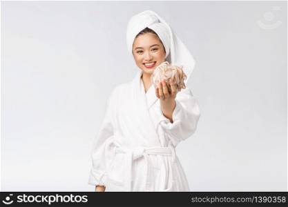 Asian woman being happy with the shower. Studio concept.. Asian woman being happy with the shower. Studio concept