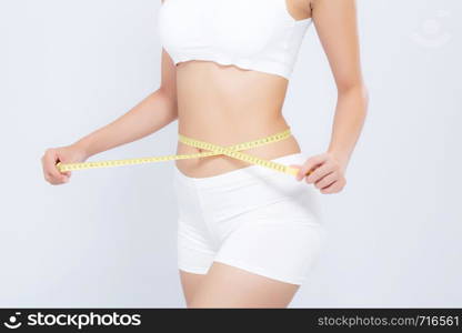 Asian woman diet and slim with measuring waist for weight isolated on white background, girl have cellulite and calories loss with tape measure, health and wellness concept.