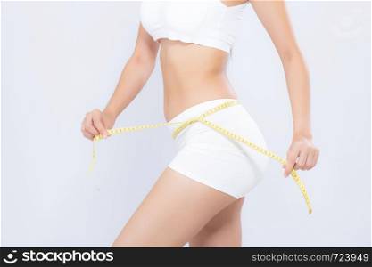 Asian woman diet and slim with measuring waist for weight isolated on white background, girl have cellulite and calories loss with tape measure, health and wellness concept.