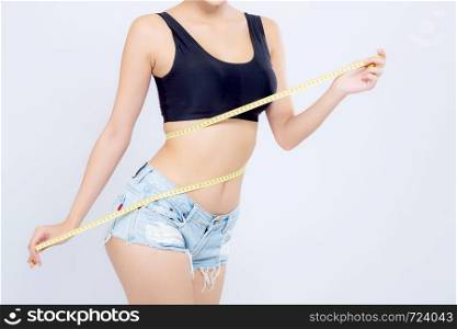 Asian woman diet and slim with measuring waist for weight isolated on white background, girl have cellulite and calories loss with tape measure, health and wellness concept.