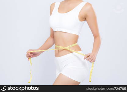 Asian woman diet and slim with measuring waist for weight isolated on white background, girl have cellulite and calories loss with tape measure, health and wellness concept.