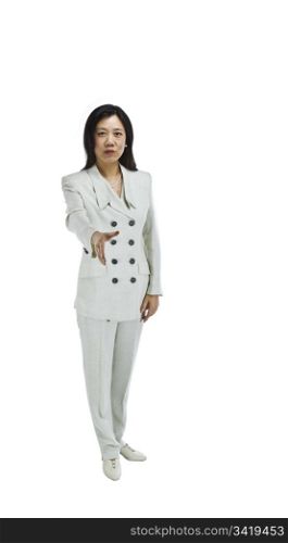 Asian woman dressed in business formal white outfit with hand extended on white background