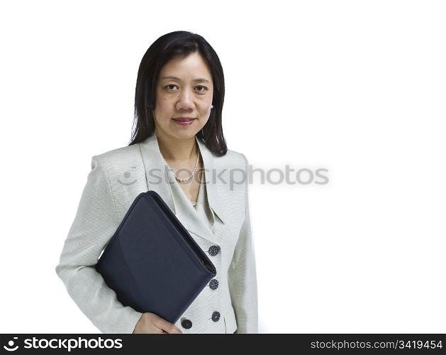 Asian woman dressed in business formal white outfit with leather case on white background