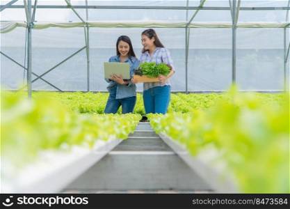 Asian woman farmer holding a vegetable basket of fresh vegetable salad on an organic farm and using a laptop to check customer order. Concept of agriculture organic for health, and Small business.