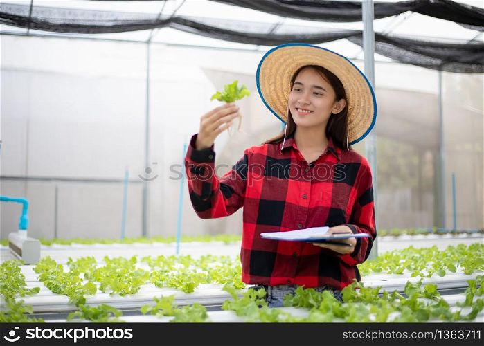 Asian woman farmer using tablet and notebook for inspecting the quality of organic vegetables grown using hydroponics.
