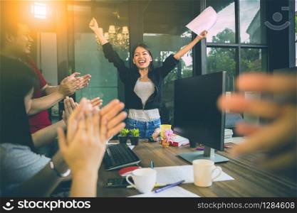 asian woman freelance happiness emotion successful project in home office