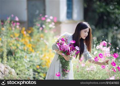asian woman garden flowers meadow