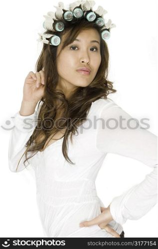 Asian Woman In Rollers