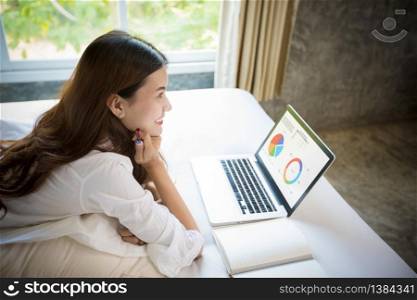 Asian woman is using a notebook computer for work at home and she is sitting on her bed and she is quarantine during the coronavirus epidemic.