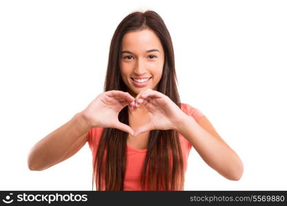 Asian woman making a heart shape with her hands, isolated over white background