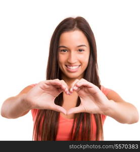 Asian woman making a heart shape with her hands, isolated over white background