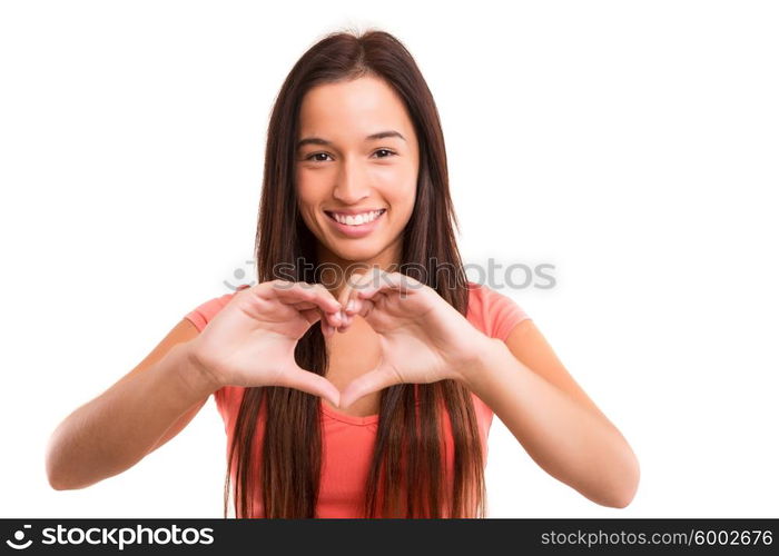 Asian woman making a heart shape with her hands, isolated over white background