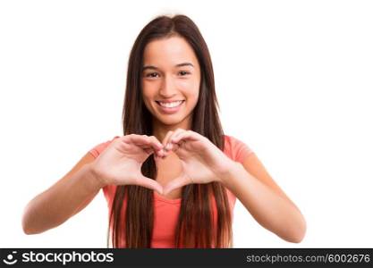 Asian woman making a heart shape with her hands, isolated over white background
