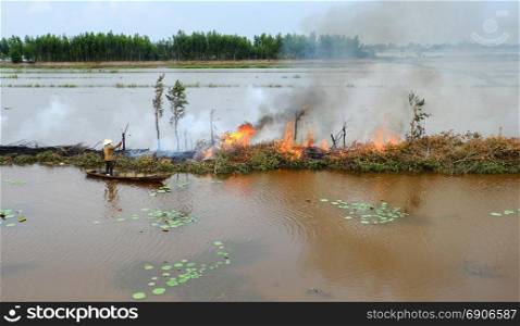 Asian woman on row boat, burn dry tree, dried leaves to cleaning field in flooded season, landscape at Mekong Delta, Vietnam after crop, burning flame on causeway, smoke fly to environment