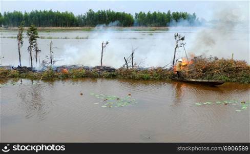 Asian woman on row boat, burn dry tree, dried leaves to cleaning field in flooded season, landscape at Mekong Delta, Vietnam after crop, burning flame on causeway, smoke fly to environment