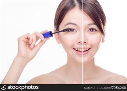 Asian woman&rsquo;s face, beauty concept, before and after while applying mascara makeup