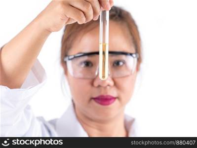 asian woman scientific research looking solution in tube