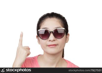 Asian Woman smiling and wearing glasses, finger point up on white background