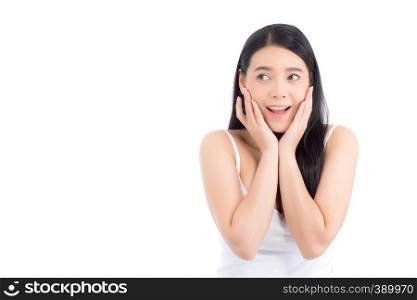 Asian woman surprise hold cheek with hand, Beautiful girl with presenting your product with excited and surprise isolated on white background, Expressive facial.