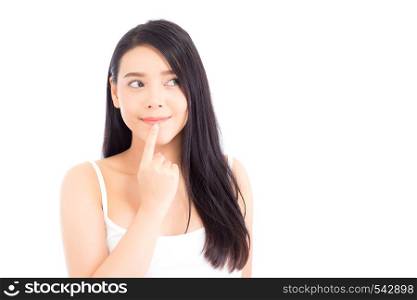 Asian woman surprise hold cheek with hand, Beautiful girl with presenting your product with excited and surprise isolated on white background, Expressive facial.
