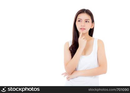 Asian woman surprise hold cheek with hand, Beautiful girl with presenting your product with excited and surprise isolated on white background, Expressive face.