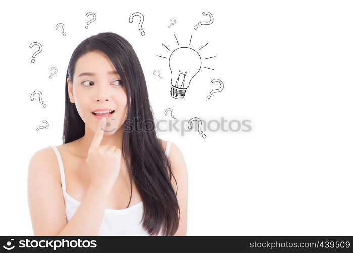 Asian woman thinking with drawing question mark for decision and have a idea isolated on white background - Solution and inspiration of girl genius for success concept.